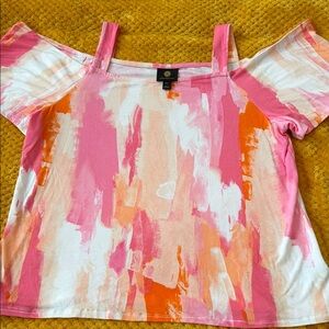 JM Collection Vibrant Pink and Orange Cold-Shoulder Blouse